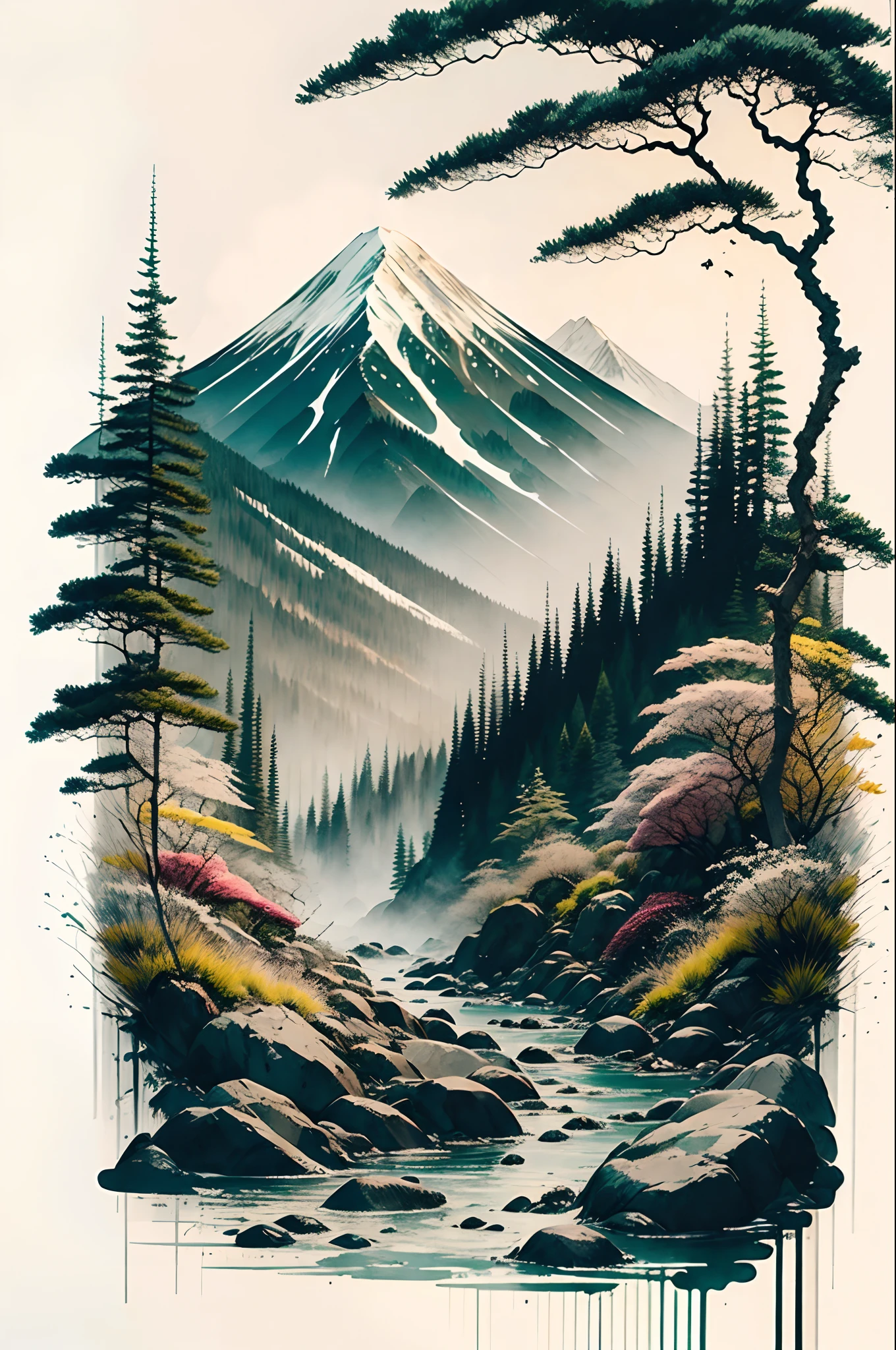 white backgrounid， scenecy， ink， mountain stream， rivulets， the trees