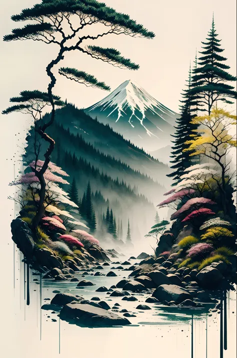 white backgrounid， scenecy， ink， mountain stream， rivulets， the trees