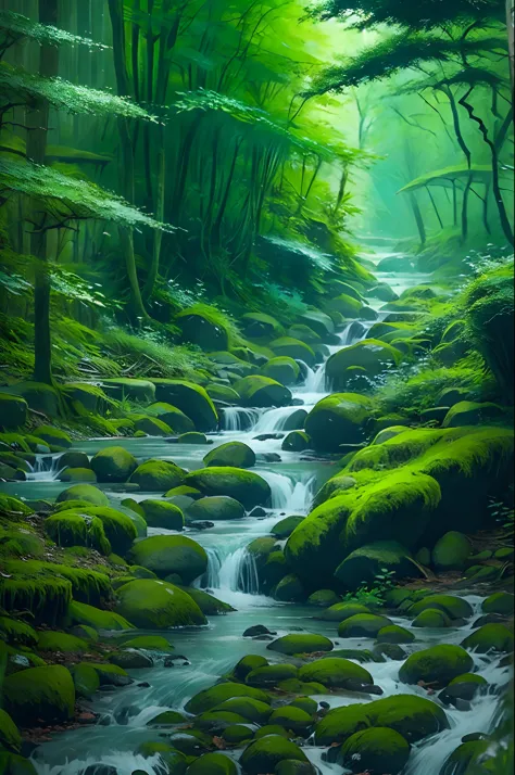 a small stream flows through the mystical woods，green mountains in the distance