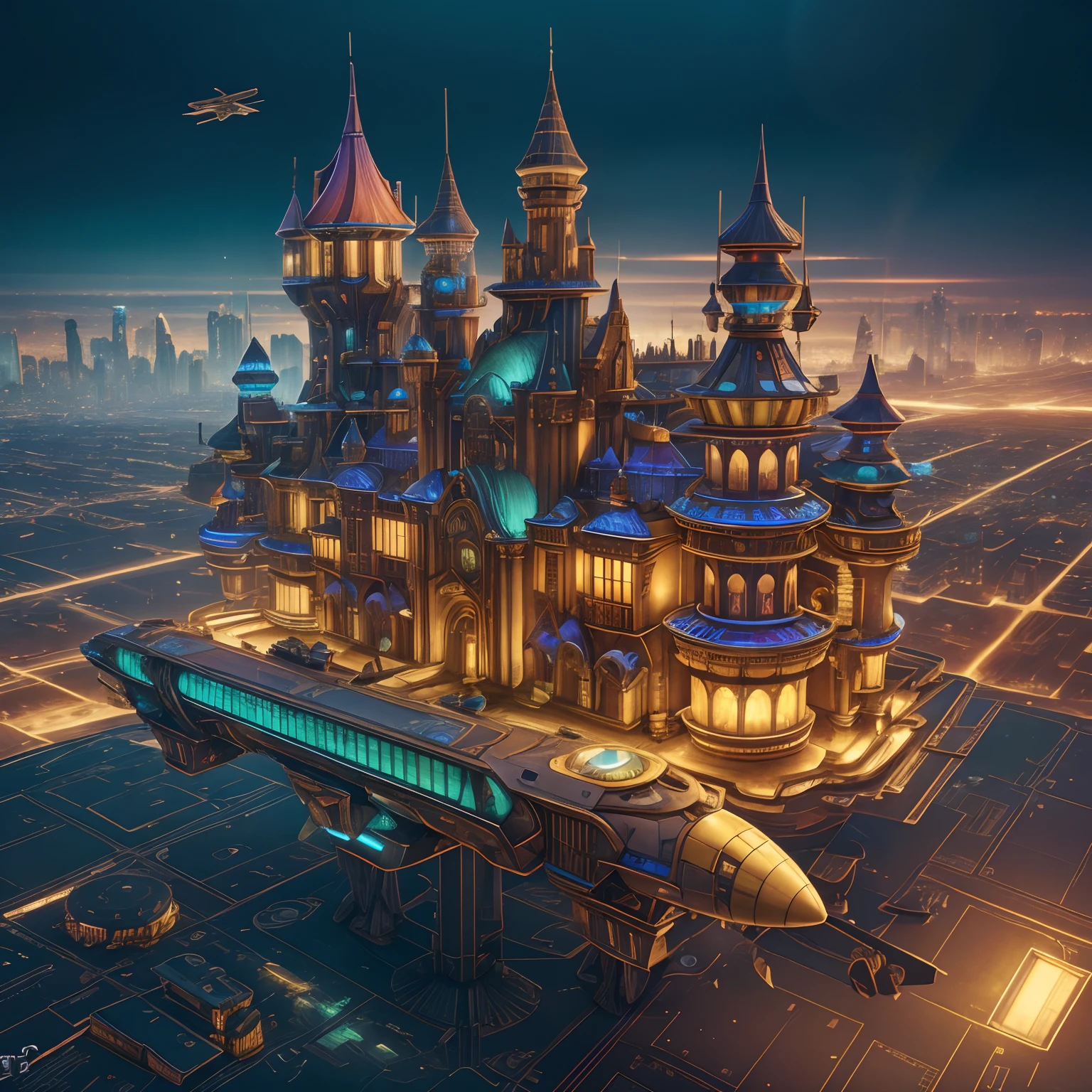 Modell DreamShaper ,SteampunkSchematics, Zehn ungewöhnliche Militärjäger fliegen über eine futuristische Stadt ! von oben, Sie können ungewöhnliche Häuser und Paläste sehen ! schöne Beleuchtung , ,(Meisterstück)), ((beste-Qualit)), Helle Farben !? 3D / Fotorealismus / ,hohe Auflösung,Meisterwerk:1.2),ultra-detailliert,(realistisch,fotorealistisch,fotorealistisch:1.37),,Eine Fülle von Farben, Helle Farben ,sehr detailliert,sanfte Beleuchtung,