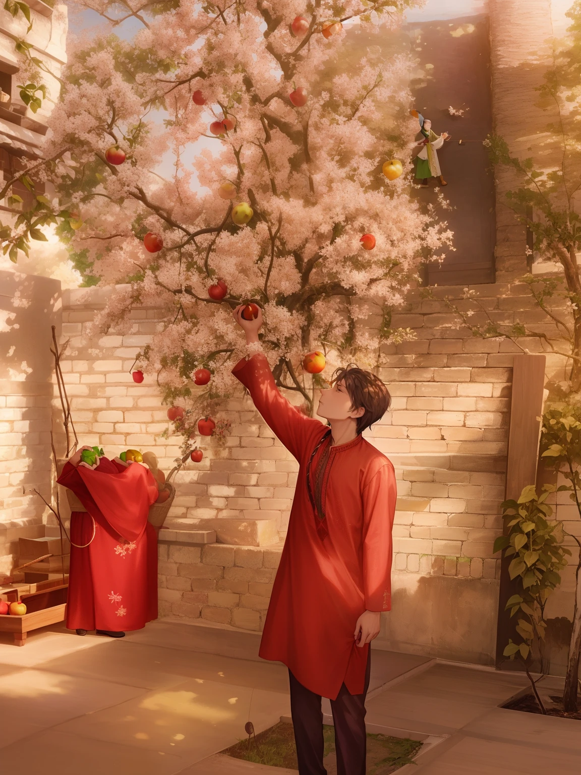 there is a man reaching up to pick a fruit from a tree, picking apples from a tree, with fruit trees, wearing a kurta, garden with fruits on trees, standing in an apple orchard, with a tall tree, by Riza Abbasi, apple tree, shot on nikon z9, wearing a silk kurta, fruit trees, holding an apple