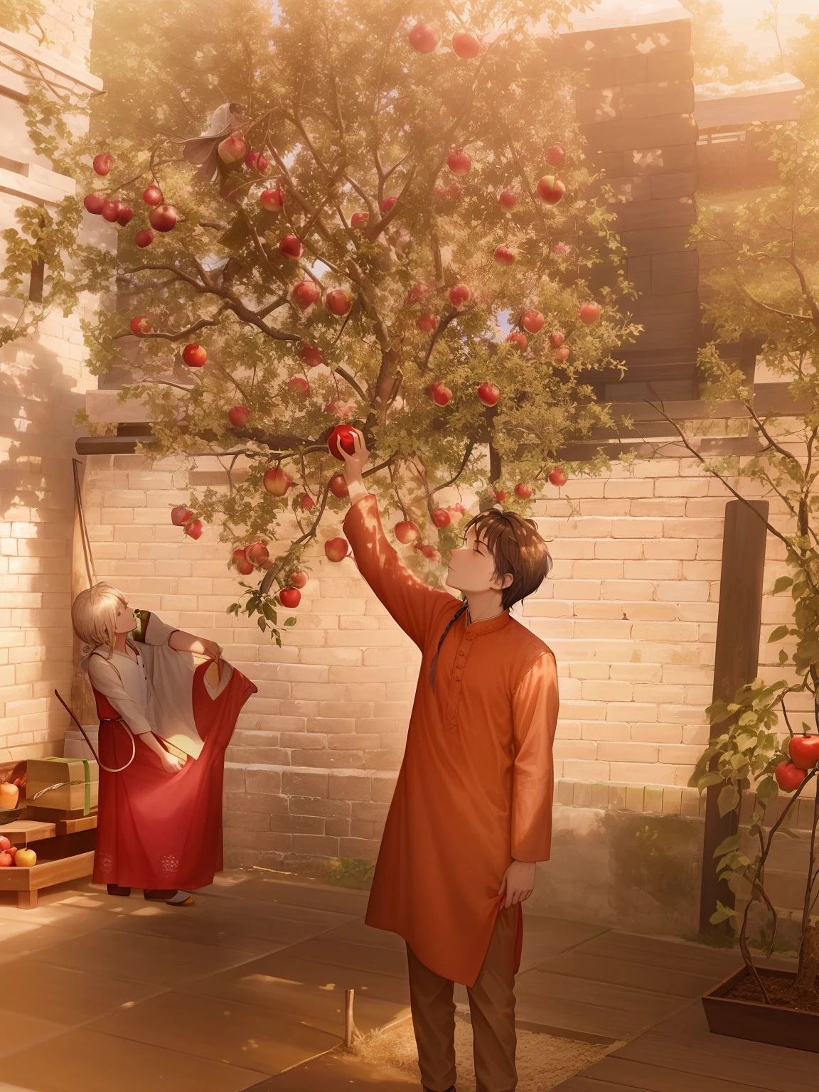 there is a man reaching up to pick a fruit from a tree, picking apples from a tree, with fruit trees, wearing a kurta, garden with fruits on trees, standing in an apple orchard, with a tall tree, by Riza Abbasi, apple tree, shot on nikon z9, wearing a silk kurta, fruit trees, holding an apple