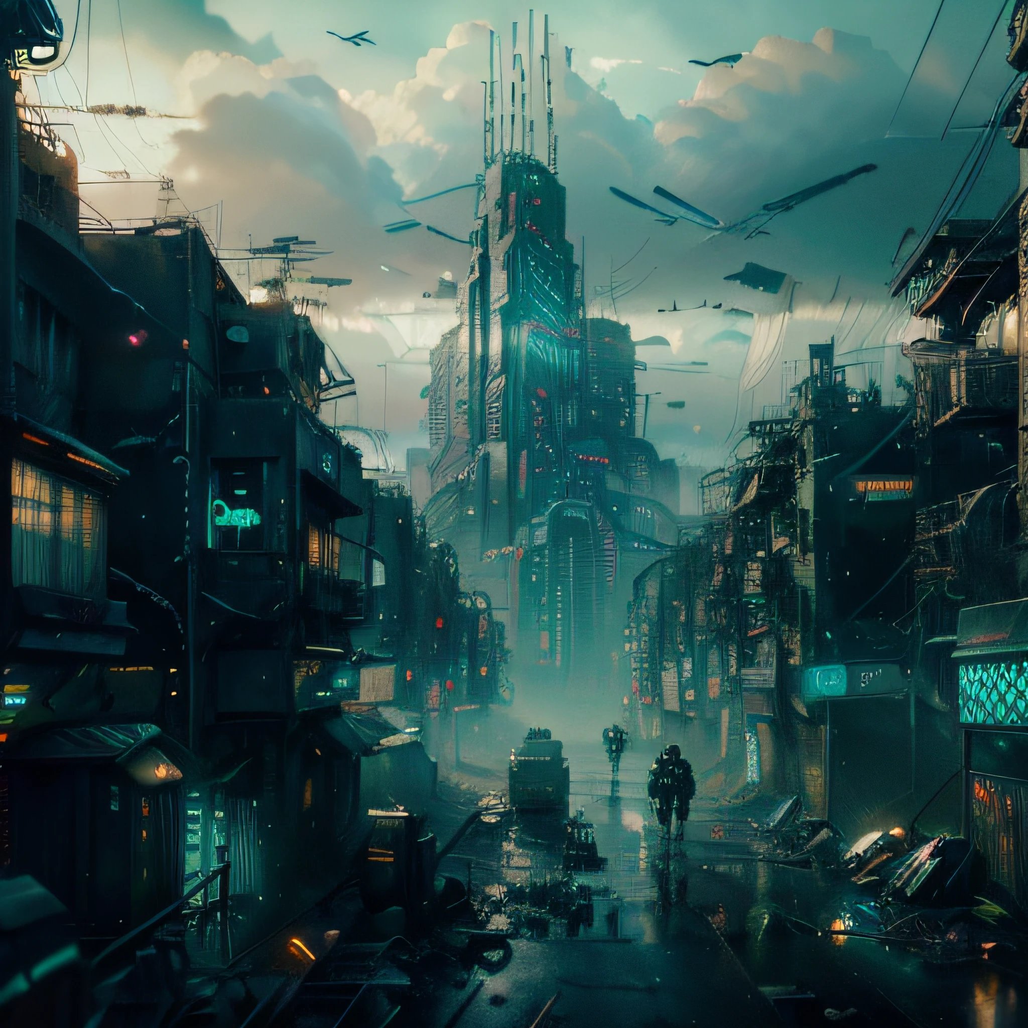 (أفضل جودة,4K,دقة عالية,تحفة:1.2),مفصلة للغاية,(حقيقي:1.37),(cyberpunk:1.1),(خيال علمي:1.1),مدينة مدمرة,ناطحات السحاب المتضخمة,منظر المدينة المستقبلي,أضواء النيون,المركبات تحوم,جو بائس,البنية التحتية المتضررة,المباني المهجورة,الهندسة المعمارية المتهالكة,إعداد ما بعد المروع,الشوارع التي غمرتها الأمطار,الأزقة المظلمة,اللوحات الإعلانية الرقمية,صور ثلاثية الأبعاد خادعة,روبوتات فلاي إن,تقدمات تكنولوجية,الطاقة الفوضوية,توهج أثيري,أضواء الخفقان,انعكاسات معدنية,المواد الاصطناعية,القوام القذر,لوحة الألوان القاتمة,الضباب في كل مكان,هطول أمطار غزيرة,blurred الأرقام,مزيج سلس من العناصر العضوية والاصطناعية,اضمحلال المناطق الحضرية,المناظر الطبيعية الحضرية المهجورة, الأرقام,محاصرين في عالم يحركه التكنولوجيا.