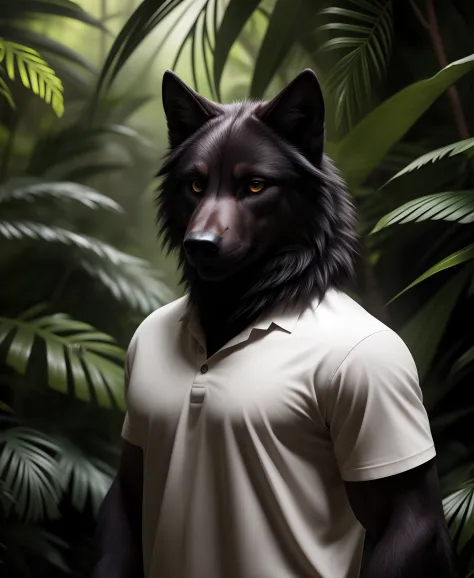 (realistic, professional photo:1.2), best quality, anthropomorphic wolf, (furry body:1.2), detailed dark fur, (detailed skin:1.2...