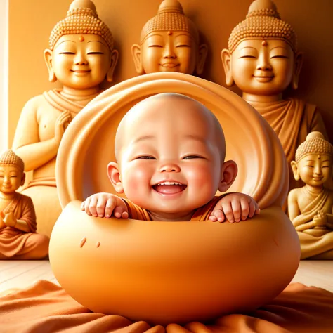 smiling baby with orange robe and a buddha statue in the background, buddhist, buddhism, monk, wide grin, serene smile, buddhist...