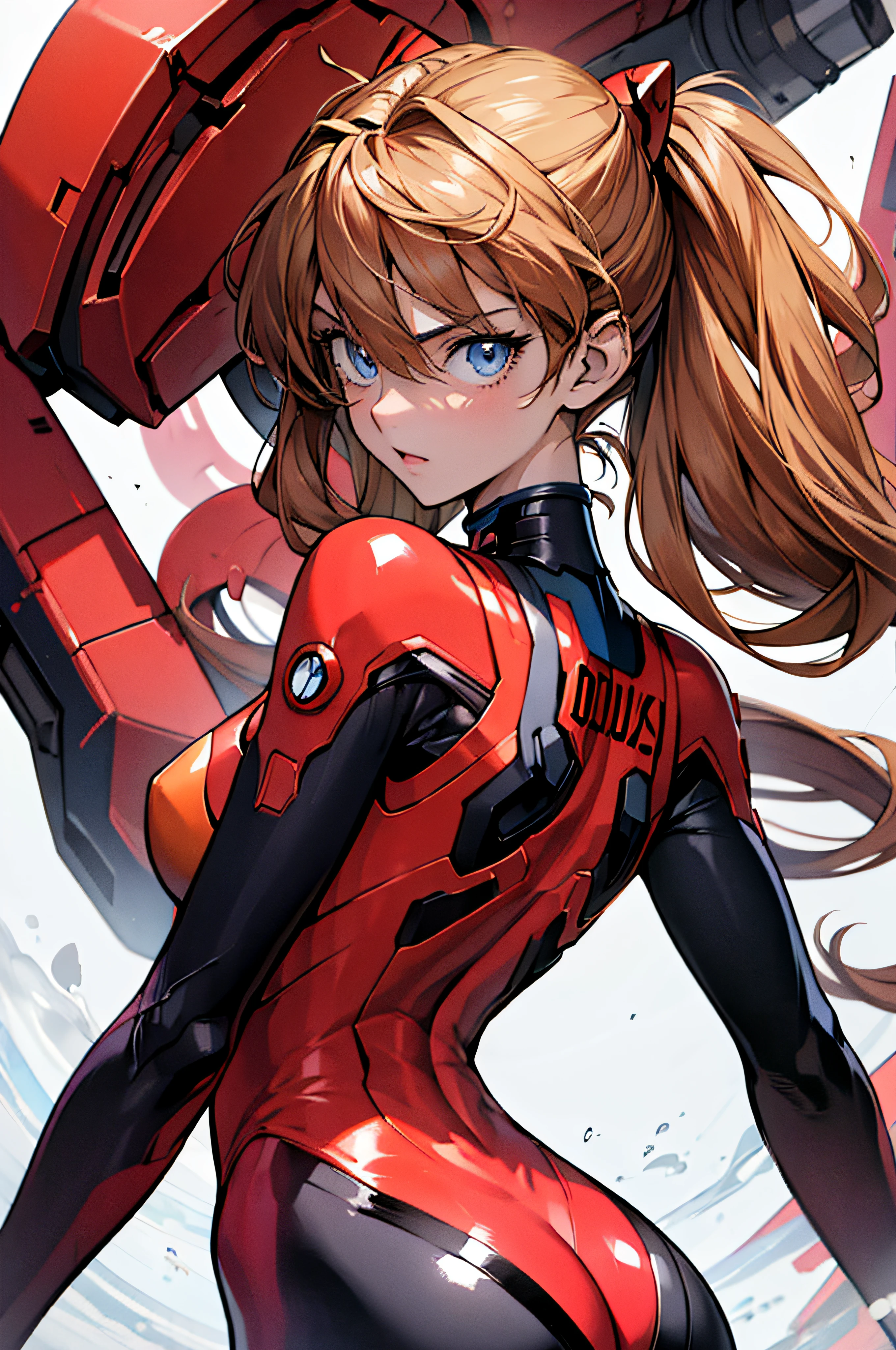 (masterpiece), best quality, expressive eyes, perfect face, 1girl, solo, souryuu asuka langley, interface headset, red bodysuit, standing, badass pose, laboratory background, upper body, portrait, from back