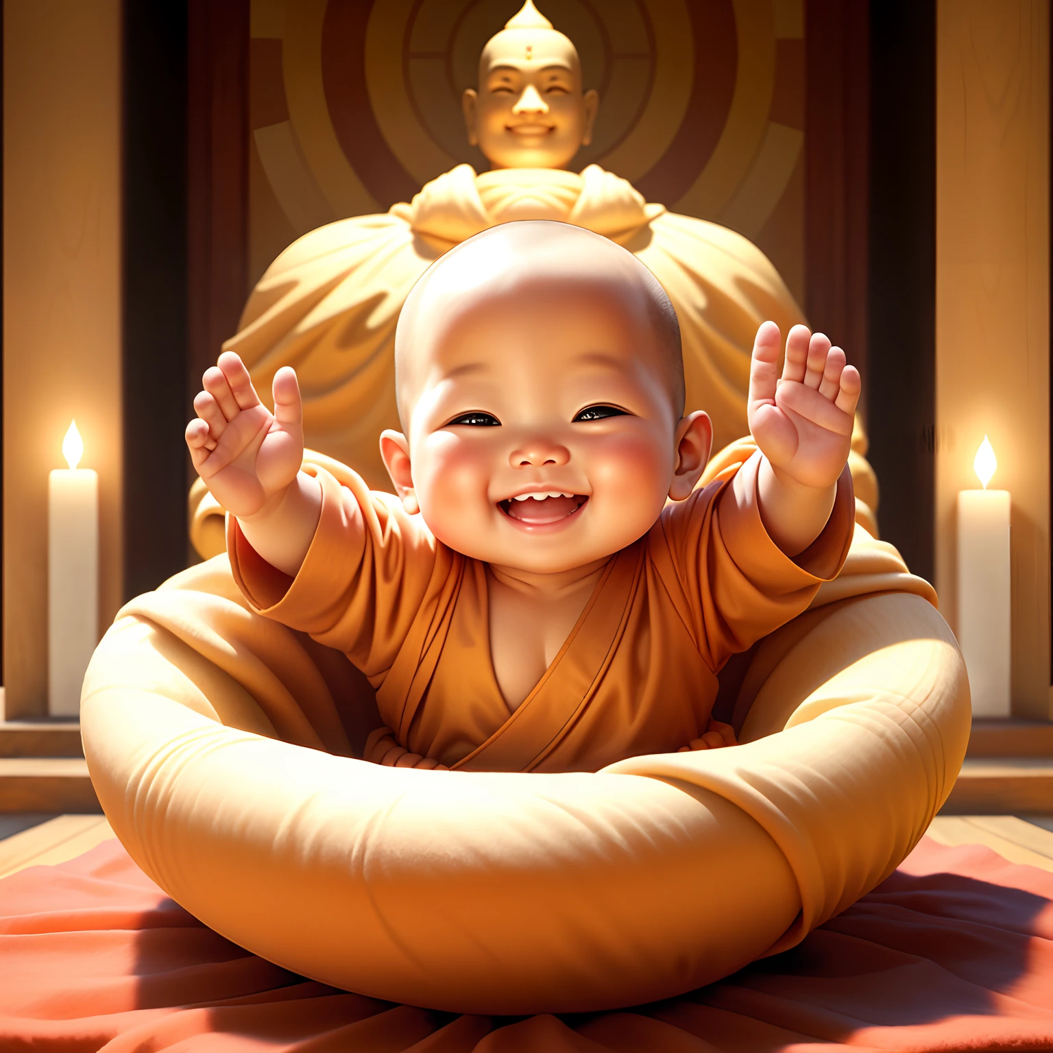 smiling baby with orange robe and a buddha statue in the background, buddhist, buddhism, monk, wide grin, serene smile, buddhist monk, big smile, with a happy expression, funny, innocent smile, happy expression, small wide smile, cute smiling face, smiling expression, happy and smiling, happy face, wide smile, smiling, he is very happy, cheeky smile, one baby