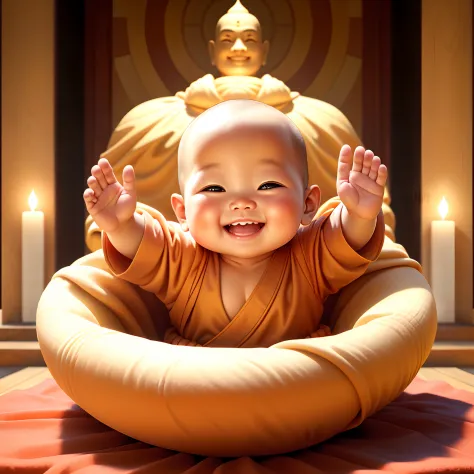 smiling baby with orange robe and a buddha statue in the background, buddhist, buddhism, monk, wide grin, serene smile, buddhist...