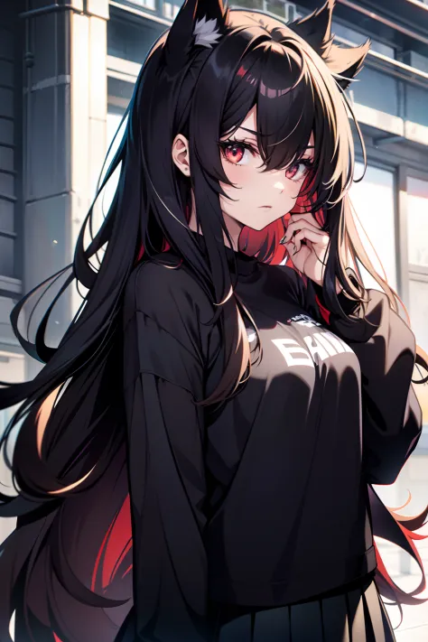 A girl with long hair and cat ears，The eyes are red，Wearing a black shirt，Black pleated skirt
