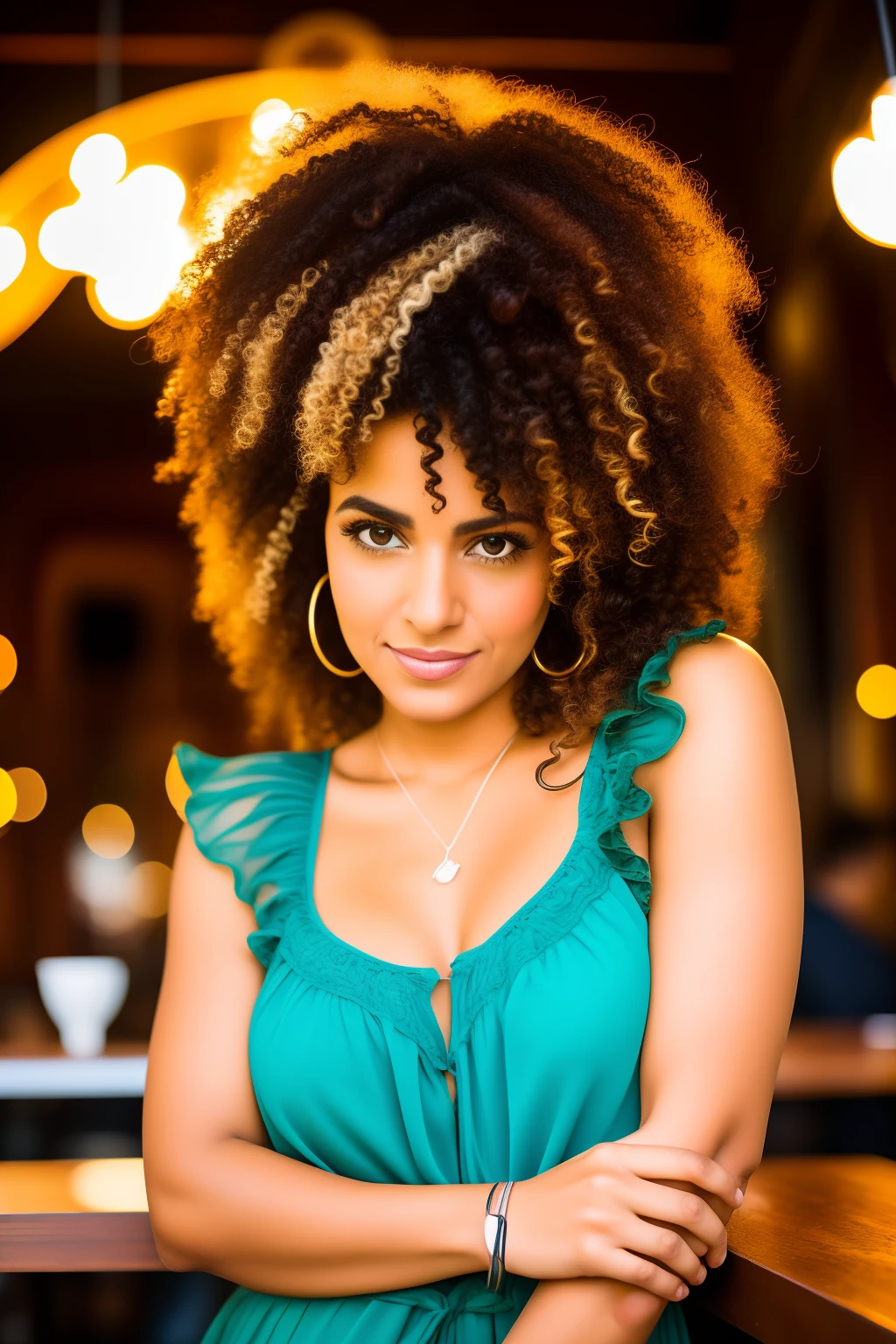 A woman with curly hair posing for a picture in a restaurant - SeaArt AI