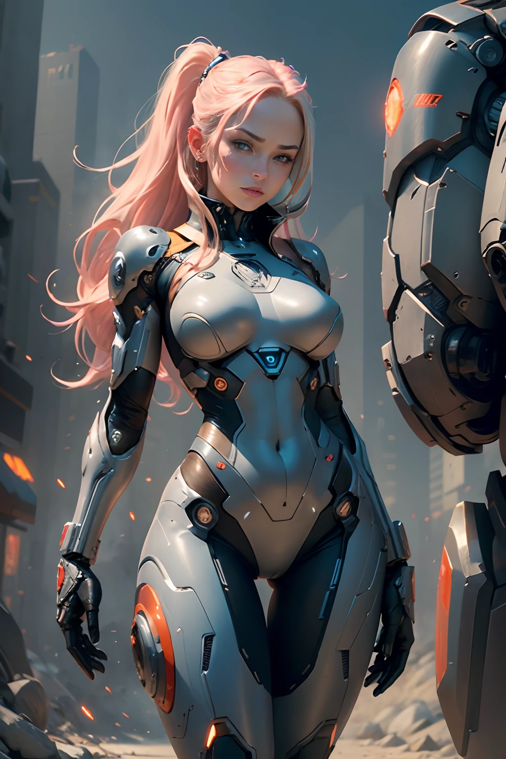 female ,emma frost ,front view,artgerm,full body,cyborg,front pose,heavy mechanical torso,sci fi,full body suit,combat ,gun smith,swat,swat outfit,full tactical ,camo print,powerful pose,sexy,Sultry, , anime-inspired, ample bosom, strikingly detailed,dynamic stance, gradient backdrop, intricate texturing, sensual curves, immaculate detailing, close-up shot, iconic character design, nuanced shading, empowered posing,artgerm,full body,sci-fi suit,futuristic,cyberpunk,red and orange(outstanding, professional, surreal), towering buildings rise from the ground to form a magnificent landscape of the futuristic city. In the center of the picture, a huge and magnificent robot mech stands tall. Its pink metal shell shimmers, and the delicate textures and intricate lines of the robot mech outline its high-tech figure. The robot mech is tall, exuding an unparalleled sense of majesty and power. The robot mech has bright LED lights embedded in its shoulders, flashing in various bright colors, like the bright stars of the future city. Its arms are equipped with powerful energy weapons and are ready to meet the challenges of battle. Standing next to the robot, we see a striking teenage girl. She wears a black leather jacket and close-fitting black stockings, highlighting her perfect figure. The texture of the black leather jacket contrasts with the metallic texture of the robot, showing a unique visual effect. The girl's firm and resolute eyes show that she is fearless, (the girl is in good shape, wearing leather clothes, showing her navel, medium breasts, and clear facial details)