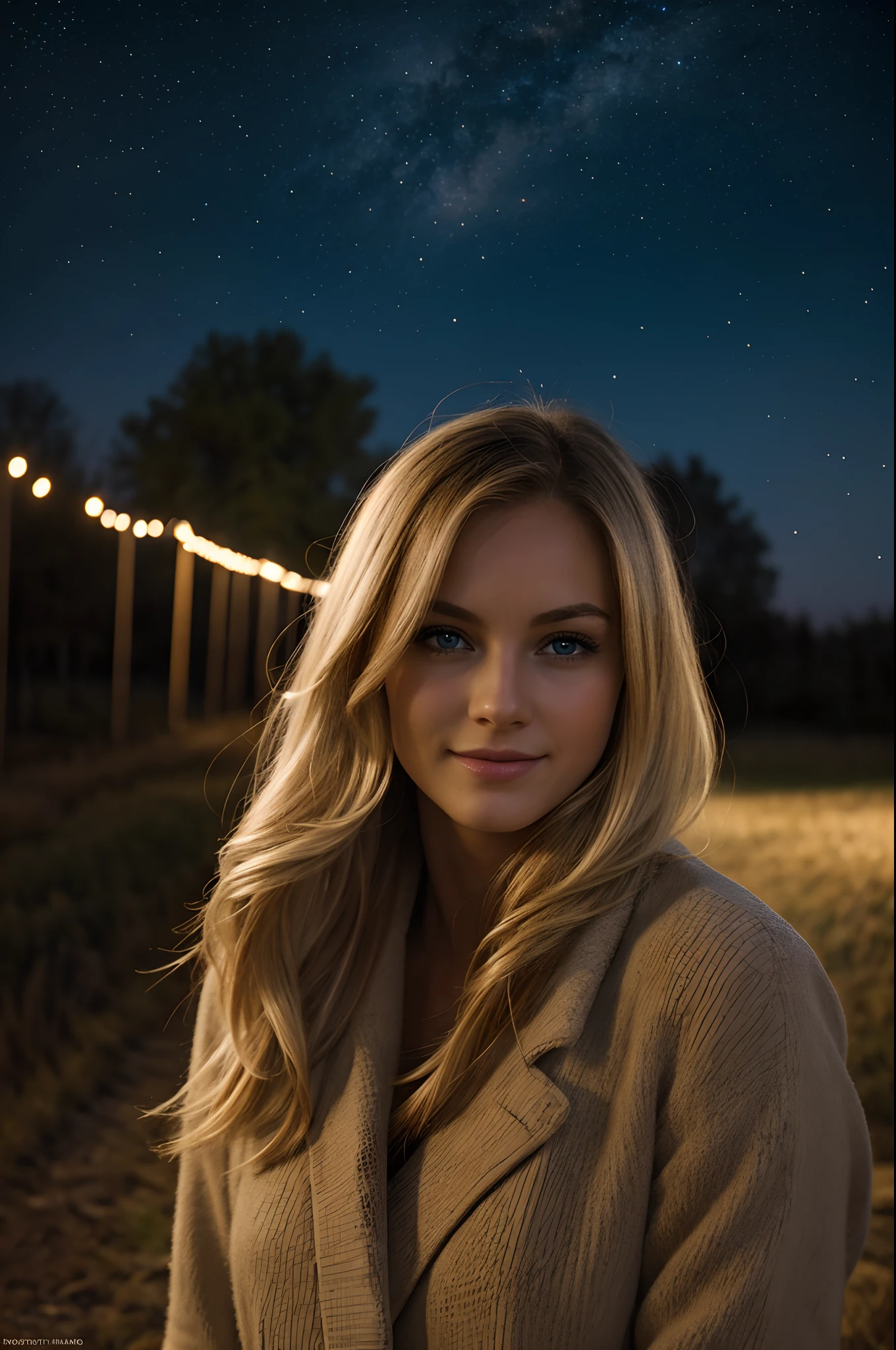 night photography, in the countryside, under the winter starry sky,
1 gorgeous blonde woman,
23 ans, 
subtle smile, 
flirts with the camera,
she’s a model, sensual pose, 
(European girl:1.2),
(Realistic hair:1.2),
(realistic eyes:1.2),
(Beauty face:1.3),
perfect body, 
perfect hands, 
Kodak gold 200, 
National Geographic style, medium shot,
Best quality, ultra highres, (photoreallistic:1.4), 8k,