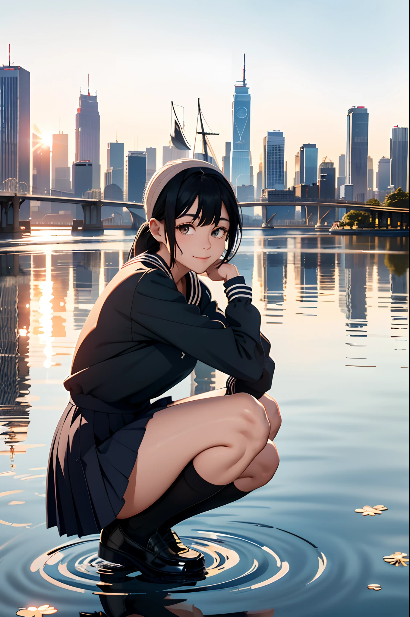 (top-quality、in 8K、32K、​masterpiece、nffsw、ighly detailed:1.2)、Full body, (Vibrant city skyline reflected on the tranquil waterfront:1.4)、beautiful shadow、beauitful face、blurry backround、1 beautiful girl、shinny skin, Beautiful black hair、Blunt bangs、 side poneyTail、Brown eyes、a sailor suit、pleatedskirt、Black socks、Black shoes、A smile、Raising arms、crouching down、white  panties、thighs thighs thighs thighs、from the front side、