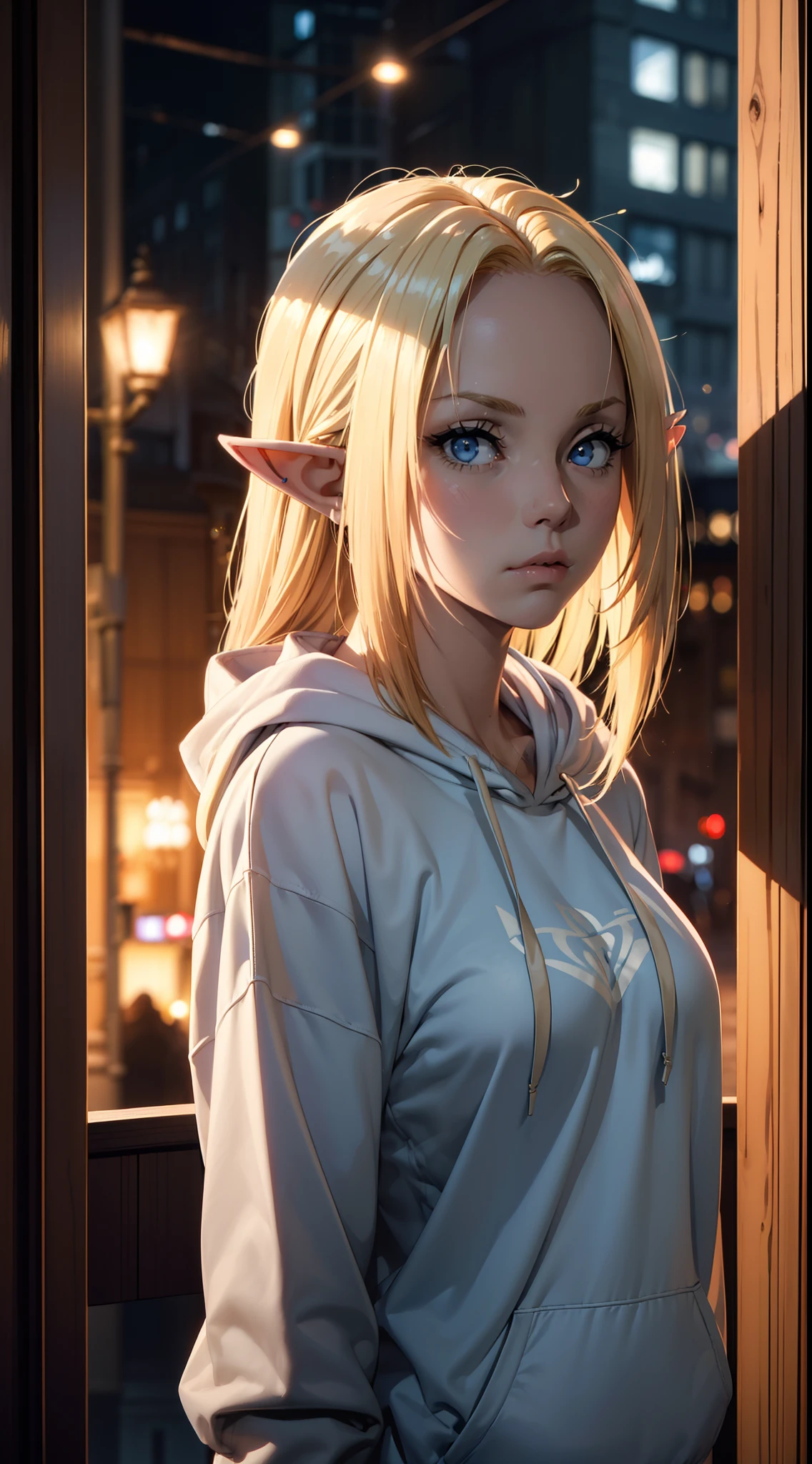 (masterpiece, best quality:1.4), 1girl, upper body, wearing Streetwear ((Hoodie)), blonde_hair, blue_eyes, serious face, closed_mouth, elf ears, looking_at_viewer, medium breast, full face blush, blurry background, depth of field, dinamic lighting, sharp focus, realistic proportions, good anatomy, Cityscape , outside, at night