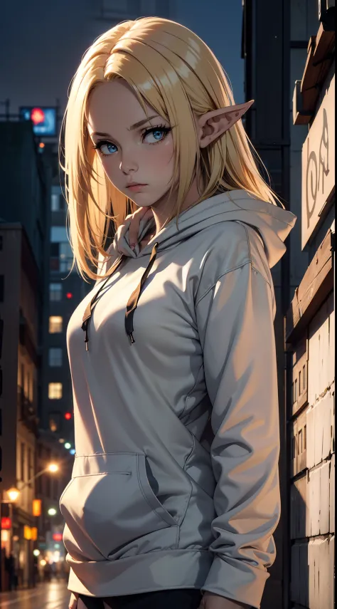 (masterpiece, best quality:1.4), 1girl, upper body, wearing streetwear ((hoodie)), blonde_hair, blue_eyes, serious face, closed_...