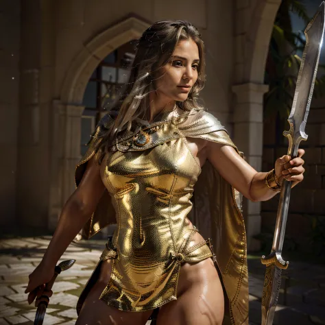 ((masterpiece))), (((best quality))), ((ultra-detailed)), (hyperrealistic), (highly detailed CG illustration), cinematic light, photorealistic ,1girl, gold and silver eaba, dynamic pose, cape, sword, spear, axe
