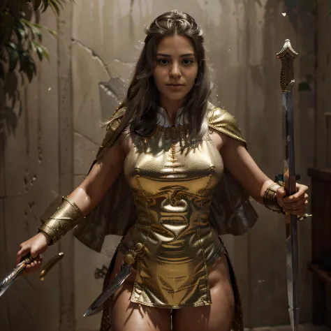 ((masterpiece))), (((best quality))), ((ultra-detailed)), (hyperrealistic), (highly detailed CG illustration), cinematic light, photorealistic ,1girl, gold and silver eaba, dynamic pose, cape, sword, spear, axe