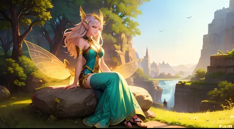 araffe woman in fairy costume sitting on a stone, beautiful fairy, smiling, as the fairy queen, beautiful fantasy art, beautiful...