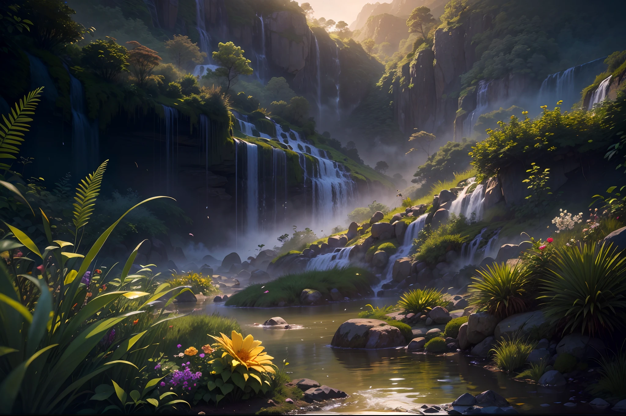 rivulets，rainbowing，jungles，Flowers，mountain spring，steamy，smog，Immortal，vibrant with colors，Water surface reflection，Real light，super-fine，Hyper-realistic，Ultra photo realsisim，tmasterpiece，8K，on focus，Bokeh，Detailed pubic hair，Hyper-detailing，high qulity，High definition，cinematic perspective