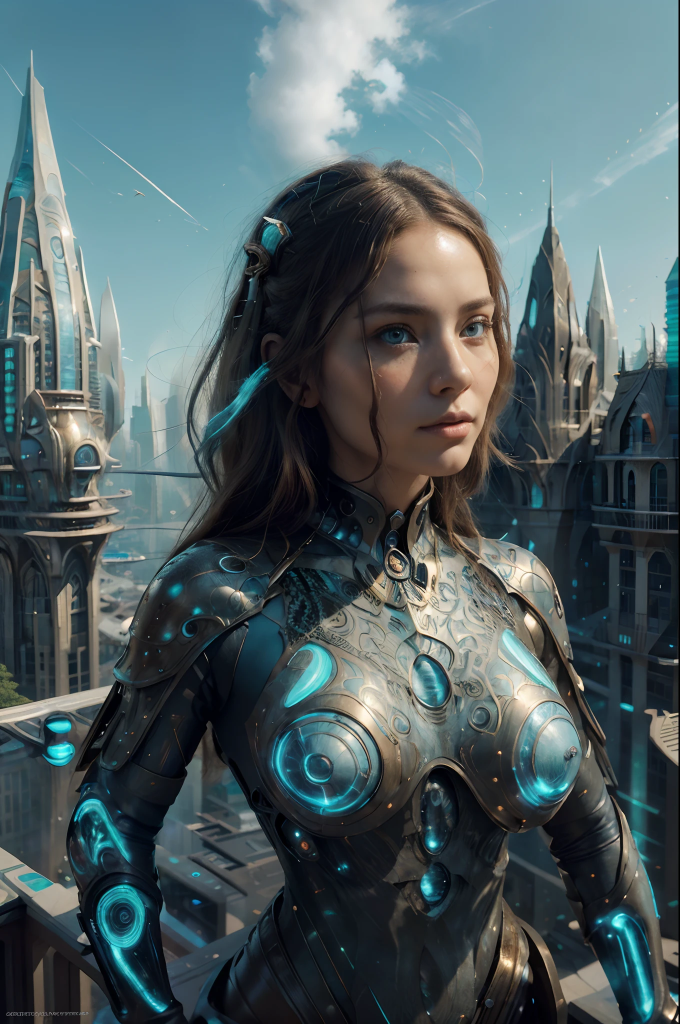 Hyper photo realistic. Higheast quality. Masterpiece. A woman. Hyper realistic human features. Perfect facial features. The woman has biomorphic, futuristic, hair composed of interlaced, net like, shapes and forms. (Sharp focused background city of biomorhic orbs.). Include the colors white, turquoise, orange and copper. Vanilla sky. Art by Todd Lockwood, Otto Pilny, Otto Rapp, and Peter Gric. Cgsociety, gothic art, fractalism, fantasy, dystopian art, neo-figurative, vray tracing Trending on zbrush central, fantasy art, zbrush, biomorphic, fractalism. Smooth, sharp focus. A photo realistic, surreal, image of a female that transcends the boundaries of reality and imagination.The image should evoke a sense of wonder and mystery. Porcelain. 8k.