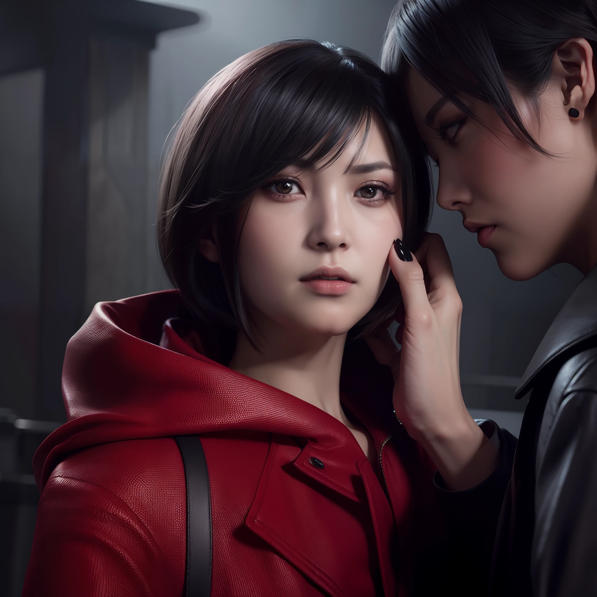 HD, ada wong, beautiful face, bob hair, red coat with black nail polish,  sad face