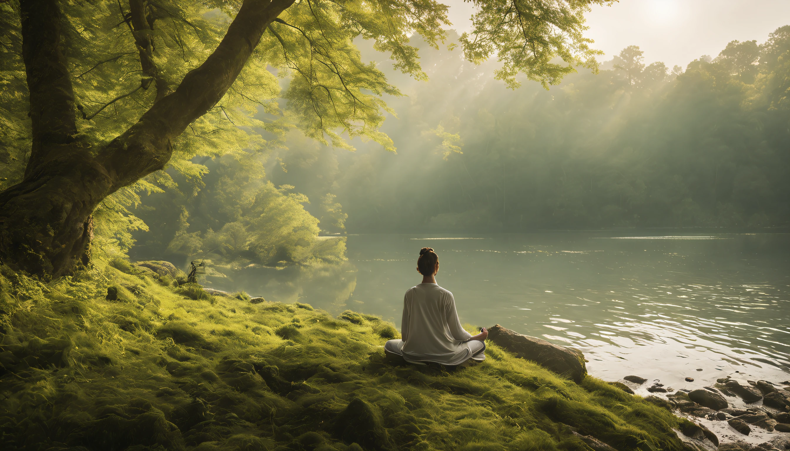 Task: Create a visual representation of a stoic person meditating in a serene environment. Instructions: Context: Imagine a serene and peaceful setting where a person embodies the stoic principles of inner calm, self-reflection, and emotional control through meditation. Scene Description: The stoic individual is in a tranquil and natural environment, perhaps by a serene lake, in a quiet forest, or on a mountaintop. The surroundings exude a sense of peace and solitude. Expression and Behavior: The stoic person is meditating with a composed and serene expression. They maintain a posture that reflects their inner peace and self-control. Their demeanor shows a deep sense of inner focus and tranquility. Image Details: The scene is bathed in soft, natural light, and the colors are calming and harmonious. The environment should enhance the sense of tranquility and mindfulness. Art Style: The desired art style is realistic, with attention to detail to convincingly portray the serene and contemplative atmosphere. Resolution and Size: The image should have a high resolution of 300 dpi and a size of 3000x4000 pixels, suitable for high-quality printing. Deadline: The deadline for completing the image is 10 days from today. Budget: A budget of $500 is available for the creation of this image. Additional Notes: Ensure that the image conveys a clear message of stoicism, inner peace, and the ability to find calm and self-control through meditation in a tranquil setting.