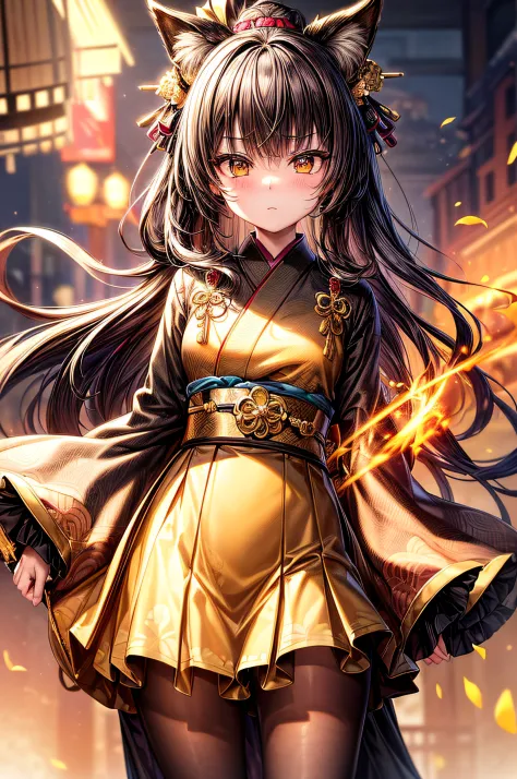 (masterpiece,best quality: 1.5), ultra detailed, best resolution, 1 girl, (amber eyes), (gold cloud patterns on  kimono), black kimono, (katana), (holding sword), (dog ears), beautiful face, baby face, determined look on her face, (gold yukata), (long skir...