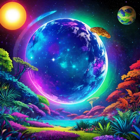 Alien planet, exotic foliage, extraterrestrial animals, psychedelic horizon, trippy planets, psychedelic colors.