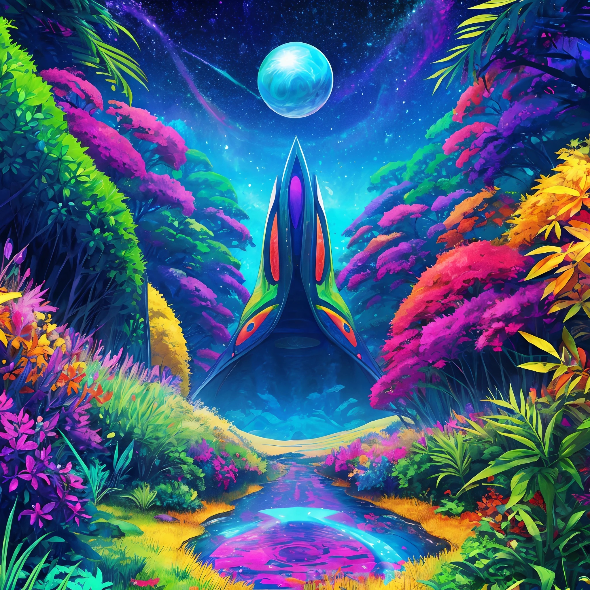 Alien planet, exotisches Laub, außerirdische Tiere, psychedelischer Horizont, trippige Planeten, psychedelische Farben.