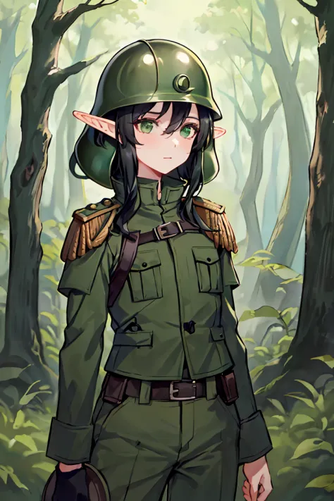 beste-Qualit, (tmasterpiece), tultra-detail, 1 Elven Girl, (Green Military Helmet), Green Military Jacket, Green Helmet,  Dark F...
