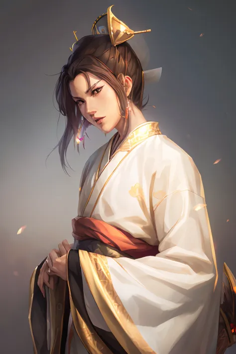 young samurai woman from the phoenix clan, long brown hair, glassy white eyes, wears a fox tail earring, wears a white kimono on...