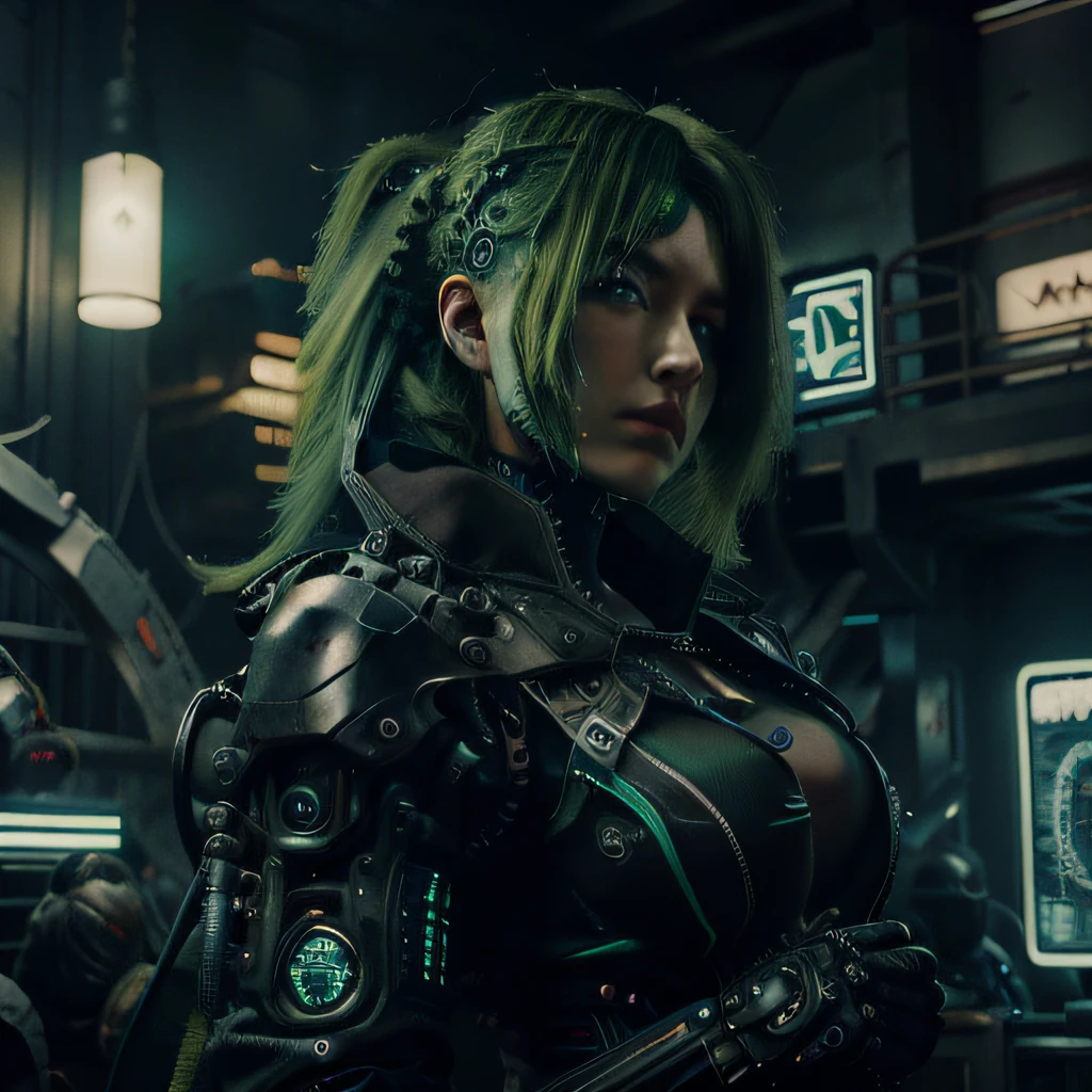 cyberpunk, woman., with green hair, mechanical arms, mechanical legs, short black hair, portrait