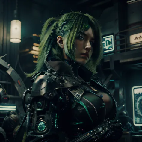 Cyberpunk, frau., with green hair, mechanische arme, mechanische beine, kurze schwarze haare, portrait