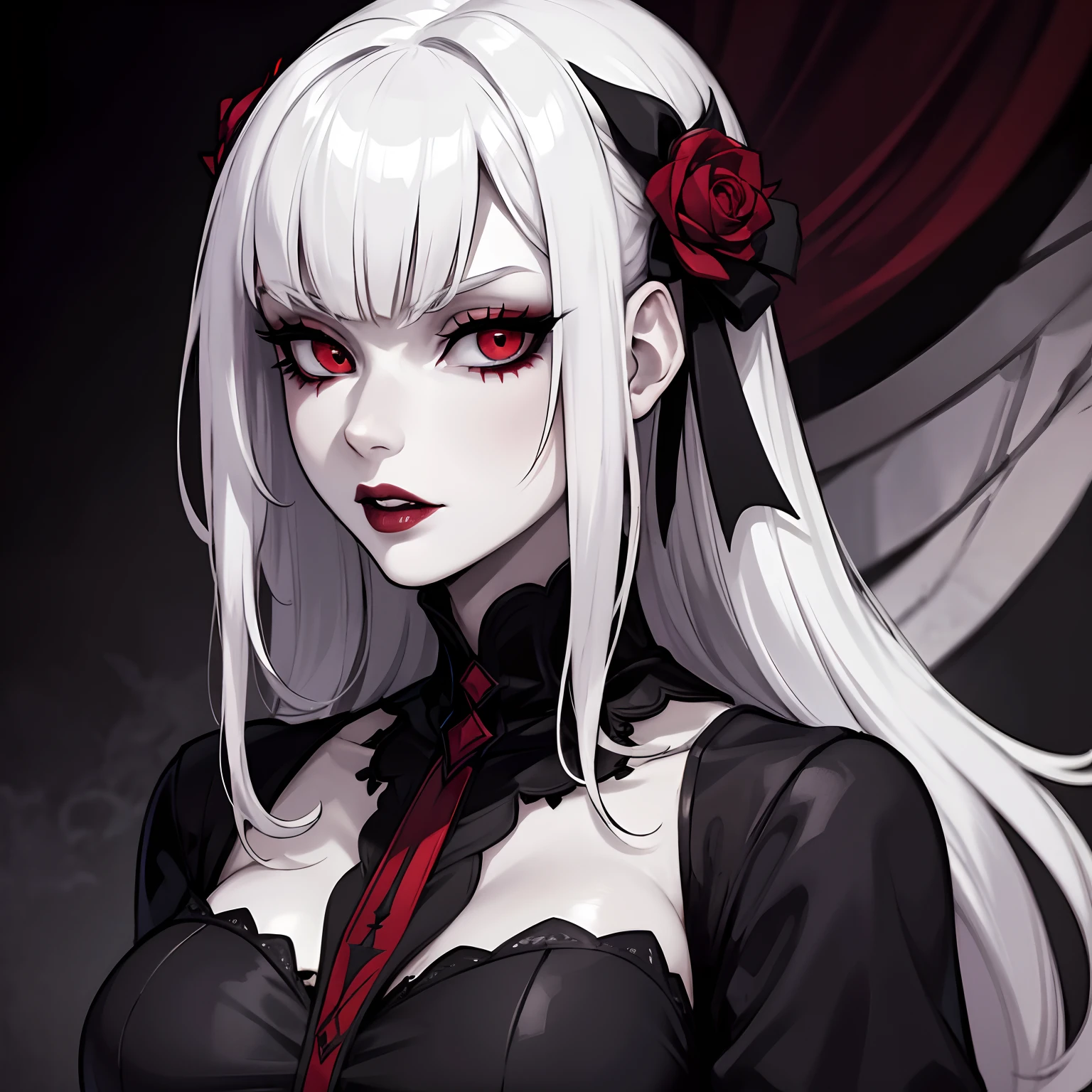 Female vampire, has white/silver hair, has red eyes, masterpiece, perfect eyes, pale skin, wearing gothic dress, wearing black lace gloves, portrait, solo, alone, (SOLO)(ALONE)