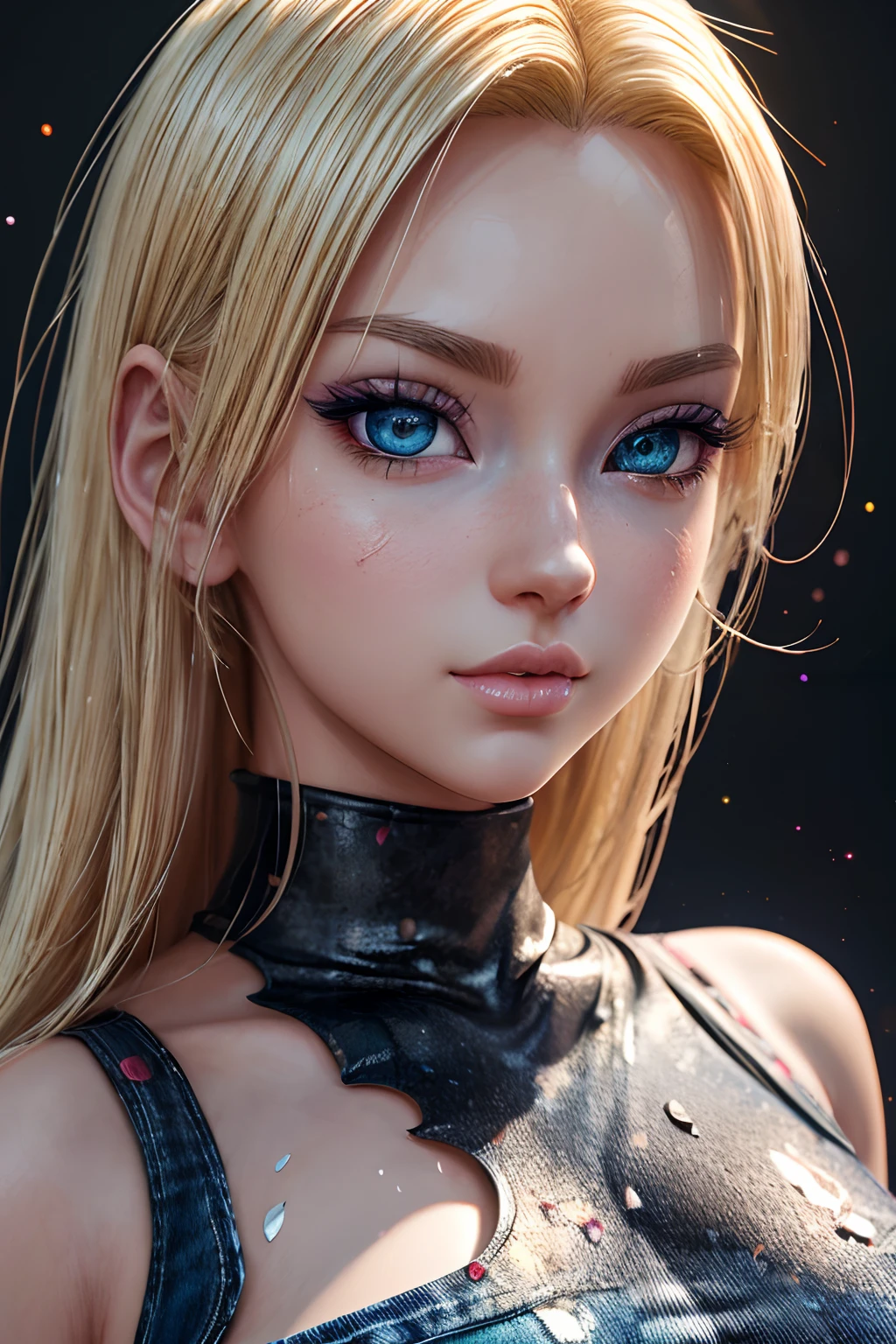 masterpiece, best quality, (extremely detailed CG unity 8k wallpaper, masterpiece, best quality, ultra-detailed, best shadow), (detailed background), (beautiful detailed face, beautiful detailed eyes), High contrast, (best illumination, an extremely delicate and beautiful),1girl,((colourful paint splashes on transparent background, dulux,)), ((caustic)), dynamic angle,beautiful detailed glow,full body, paint splash on face.  close up of a woman, anime girl with blonde hair and blue jeans posing for a picture, realistic anime 3 d style, android 18, seductive anime girl, anime realism style, attractive anime girl, realistic shaded perfect body, realistic anime artstyle, perfectly shaded body, anime girl, realistic anime art style, beautiful alluring anime woman, looking like android 18,