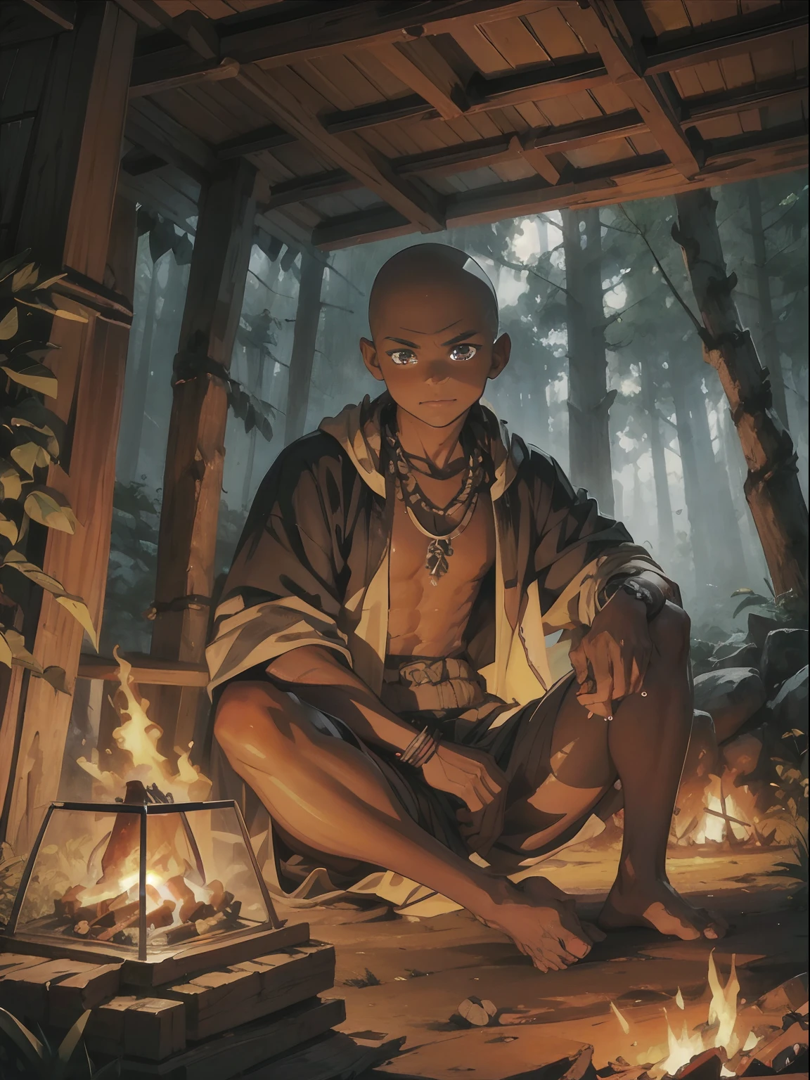 tribal , in the forest , sitting in the hut , dark skin boy  , bonfire , young boy , ornament , tribal chief ,  skin head , necromancer , skull ornament , menace