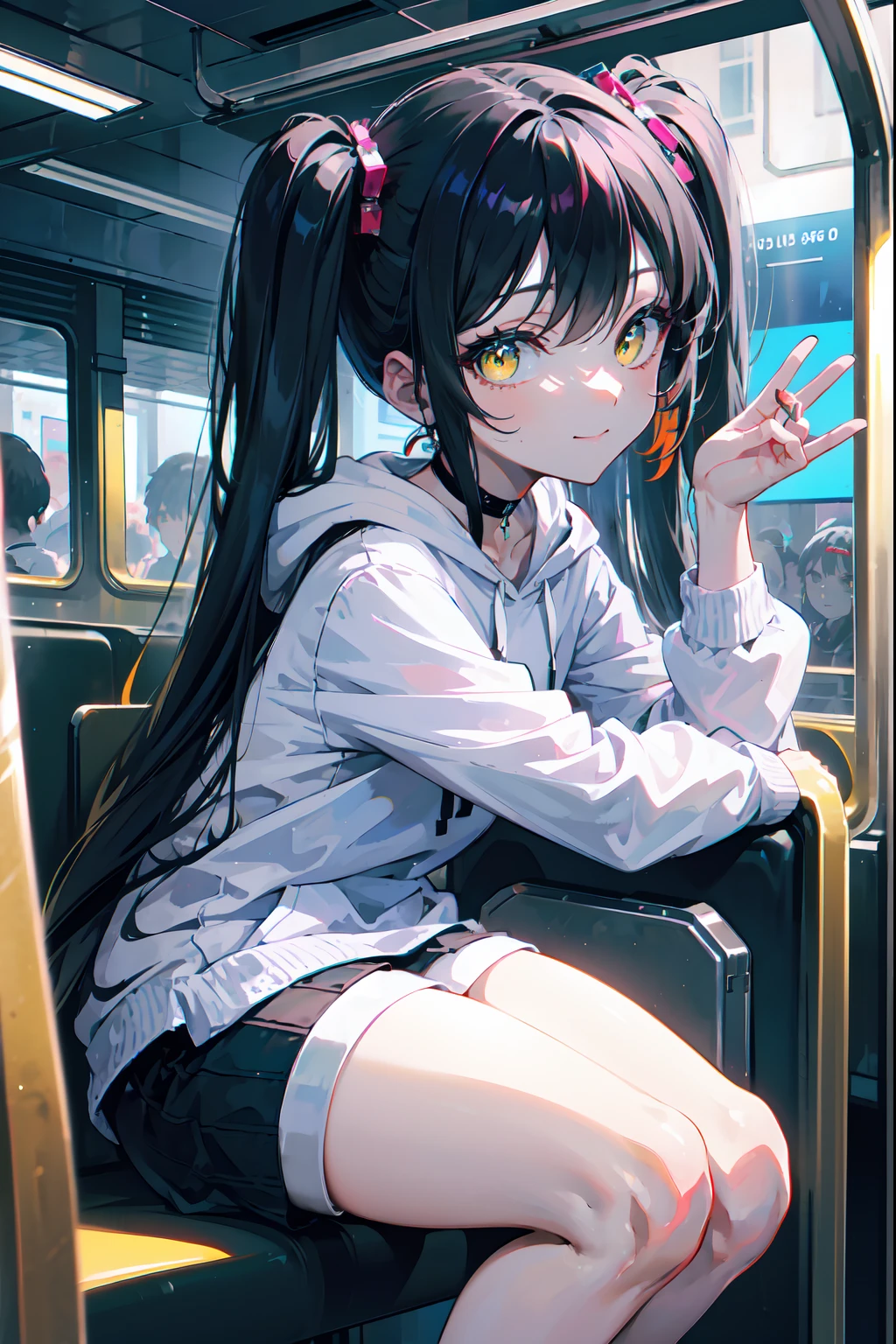 (masterpiece, highres, best quality, insane details, 4k, 8k, vibrant, aesthetic, professional art, colorful, perfect lighting, perfect shadows, 1girl), long black hair, really long twin tails, yellow eyes, choker, wearing a long hoodie that covers her thighs, in the train station, cute pose, happy, cute smile, beautiful face, beautiful eyes