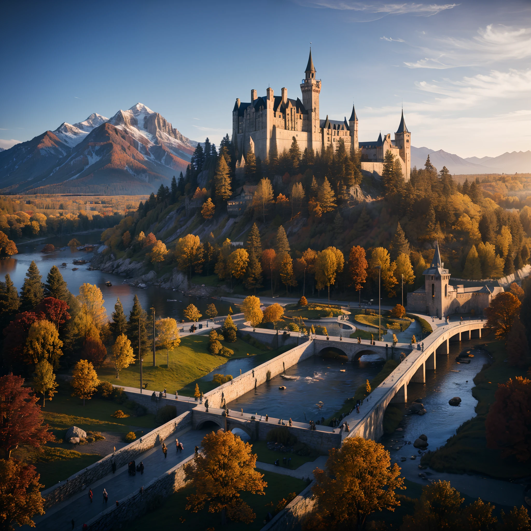 une montagne massive avec un royaume dessus, château, chef-d&#39;œuvre, jour, automne, automne, pont,