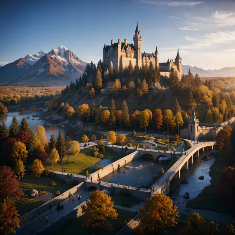 massive mountain with a kingdom upon it, castle, masterpiece, day, fall, autumn, bridge,