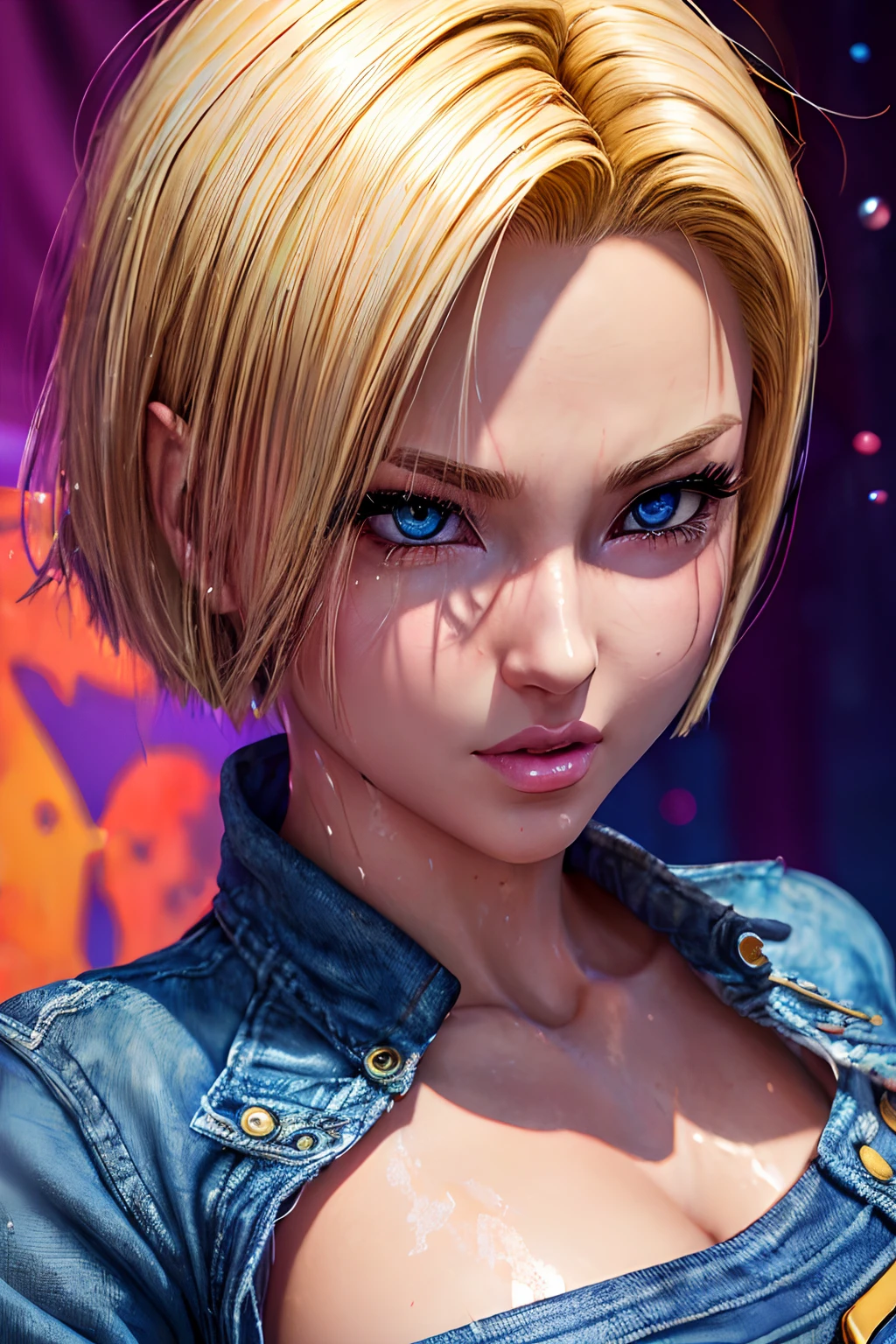 masterpiece, best quality, (extremely detailed CG unity 8k wallpaper, masterpiece, best quality, ultra-detailed, best shadow), (detailed background), (beautiful detailed face, beautiful detailed eyes), High contrast, (best illumination, an extremely delicate and beautiful),1girl,((colourful paint splashes on transparent background, dulux,)), ((caustic)), dynamic angle,beautiful detailed glow,full body, paint splash on face.  close up of a woman, anime girl with blonde short hair and blue jeans posing for a picture, realistic anime 3 d style, android 18, seductive anime girl, anime realism style, attractive anime girl,beautiful alluring anime woman, looking like android 18,