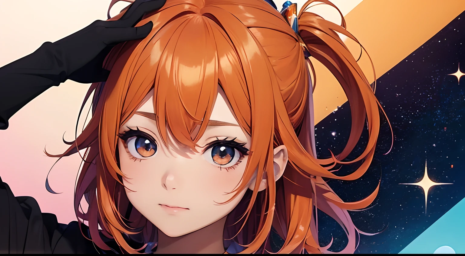 Anime girl with long red hair and black top with stars in background -  SeaArt AI