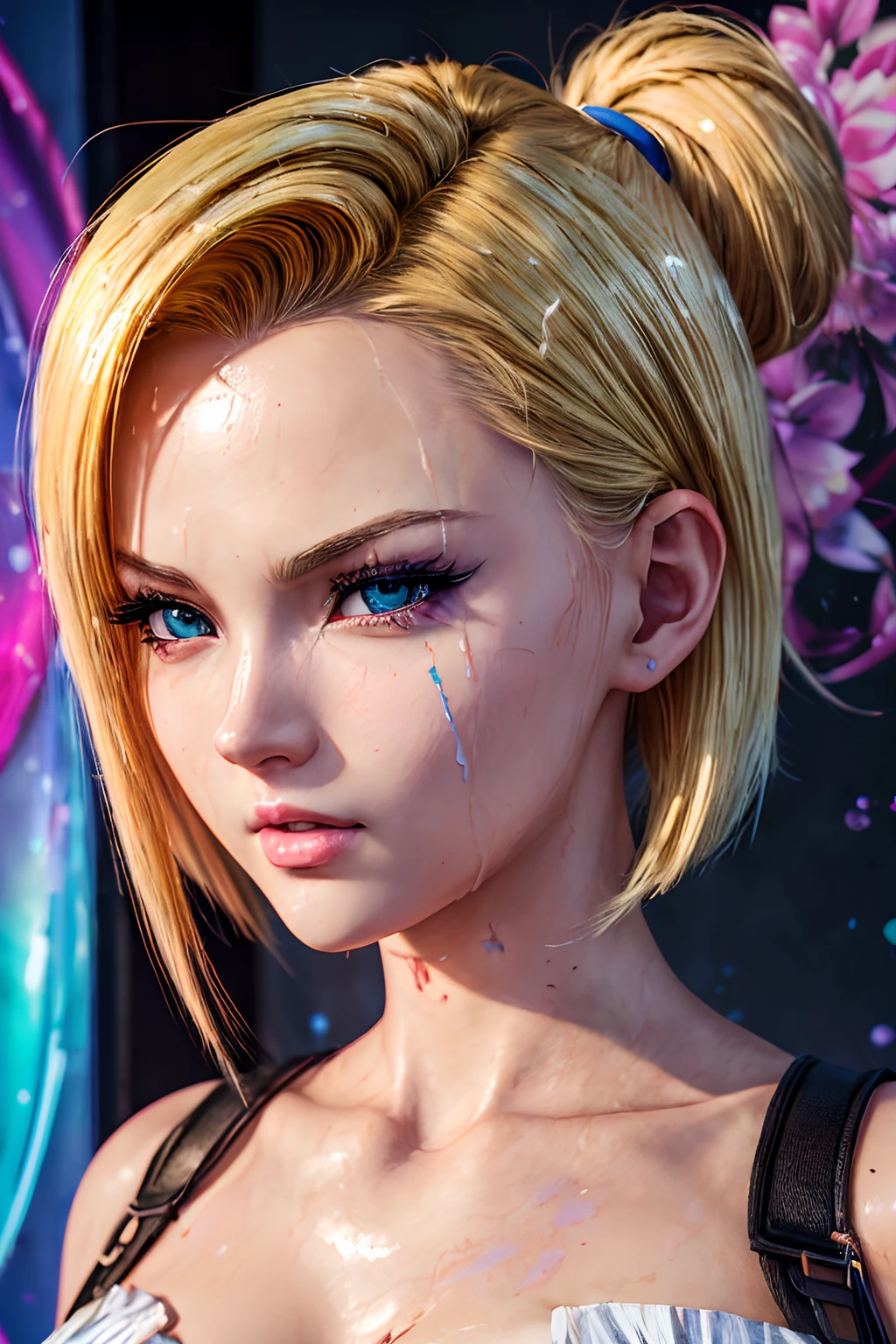 masterpiece, best quality, (extremely detailed CG unity 8k wallpaper, masterpiece, best quality, ultra-detailed, best shadow), (detailed background), (beautiful detailed face, beautiful detailed eyes), High contrast, (best illumination, an extremely delicate and beautiful),1girl,((colourful paint splashes on transparent background, dulux,)), ((caustic)), dynamic angle,beautiful detailed glow,full body, paint splash on face.  close up of a woman, anime girl with blonde short hair, realistic anime 3 d style, android 18, seductive anime girl, anime realism style, attractive anime girl,beautiful alluring anime woman, looking like android 18,