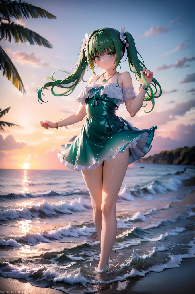 masterpiece, best quality, 1girl, ocean, day, clouds, wading, official alternate costume, low twintails, hair ornament, hair flower, necklace, bracelet, green ribbon, swimsuit, white dress, bare shoulders, off-shoulder dress, frills, frilled dress,