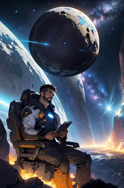 Photo of a young man, sitting on a research platform floating in the middle of an asteroid belt. He is studying with a notebook, surrounded by several asteroids glowing with fiery auras. Dramatic lighting from distant stars and planets illuminates the scen...