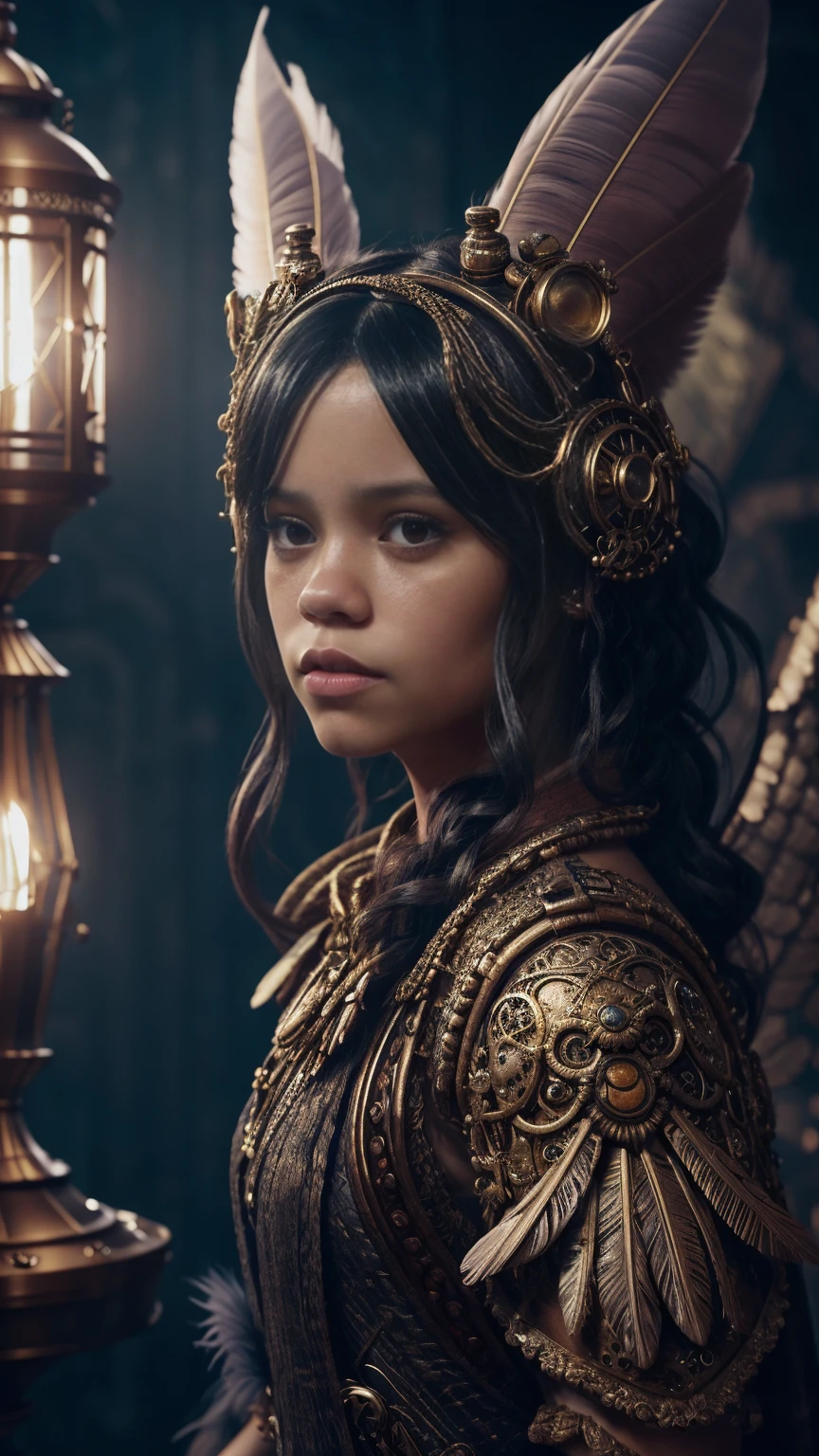 jortega, Jenna Ortega, générer un animal céleste non humain dans le style steampunk et fantasy. l&#39;animal doit être duveteux et avoir des plumes, de la soie et du satin. mettre l&#39;accent sur les petits détails de la fantasy et du steampunk. caméra: utiliser une composition intéressante et dynamique. améliorer l&#39;intérêt visuel. éclairage: use ambient éclairage that enhances the ambiance of fantasy. inclure des couleurs vives et des ombres profondes. embauche, yeux détaillés, embauche yeux détaillés, embauche small details, orné, détails complexes, 8k, Miroiter, Unité, moteur officiel cgi unreal, haute résolution, (((chef-d&#39;œuvre))), Haute qualité, haute résolution, Amélioration des détails