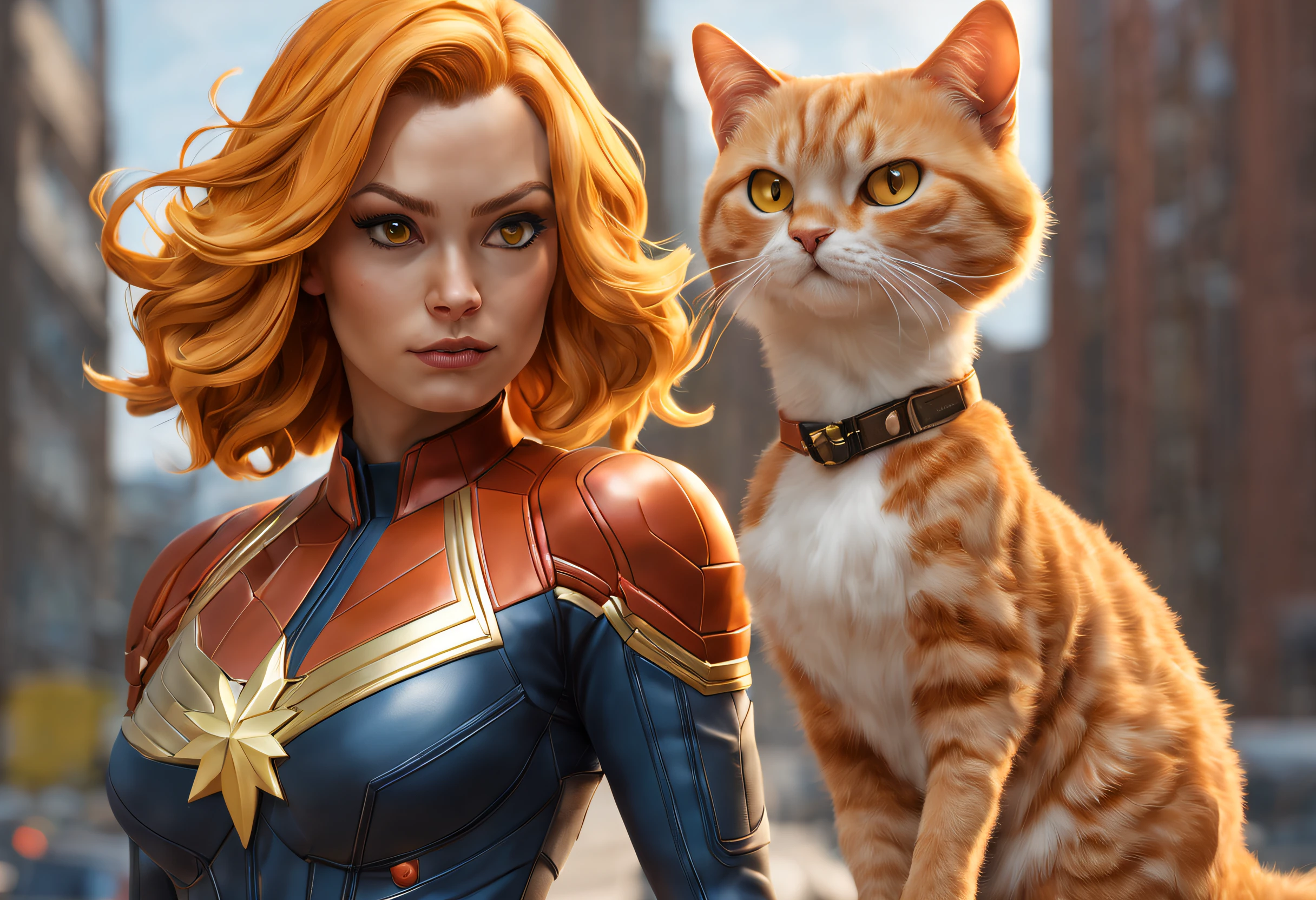 "Captain Marvel, blonde, iconic comic costume, posing, (goose cat, orange hair, yellow eyes: 1.42)", superhero, MCU, adventurous pose, confident, strong, energetic and dynamic, bright colors, movie scene, vibrant, brave, exciting and dynamic composition. powerful pose (best quality, 4k, 8k, high resolution, masterpiece: 1.2), ultra detailed, (realistic, photorealistic, photorealistic: 1.37), HDR, UHD, studio lighting, physical representation, extremely detailed description, professional, colors vivid, bokeh, comic style.