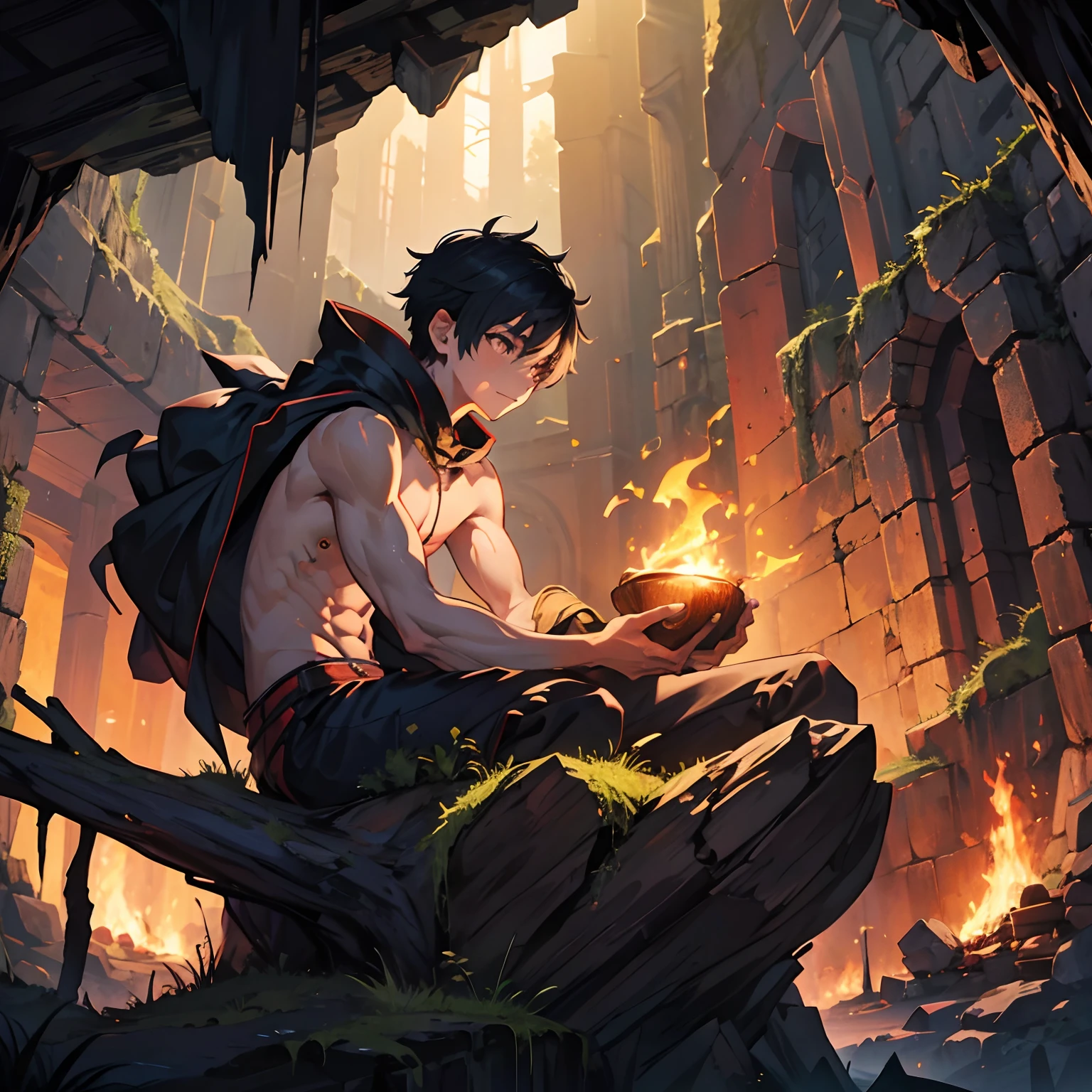 (young boy) , giant spider , shota , topless , magic , sorcerer , pet , dark cave , vivid light , giant monster , sitting , bonfire , lovely