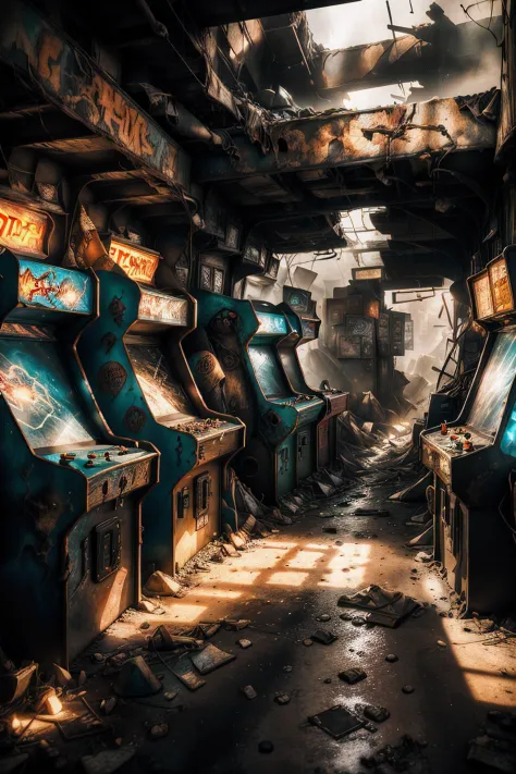 the atmosphere of the end of the world, (((post-apocalyptic_play_zone,dilapidated old arcade))), twinkling neon lights, graffiti...