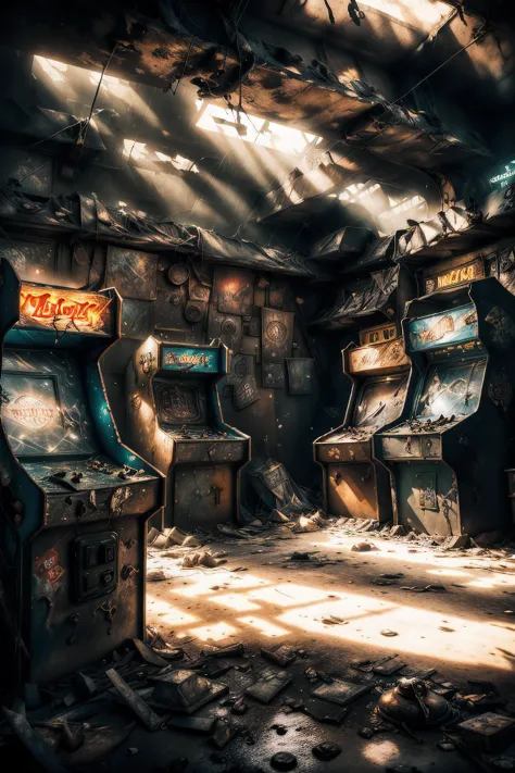 the atmosphere of the end of the world, (((post-apocalyptic_play_zone,dilapidated old arcade))), twinkling neon lights, graffiti...