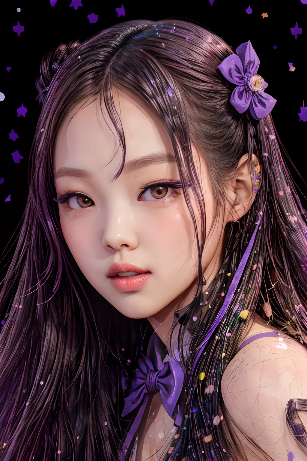 masterpiece, best quality, (extremely detailed CG unity 8k wallpaper, masterpiece, best quality, ultra-detailed, best shadow), (detailed background), (beautiful detailed face, beautiful detailed eyes), High contrast, (best illumination, an extremely delicate and beautiful),1girl,((colourful paint splashes on transparent background, dulux,)), ((caustic)), dynamic angle,beautiful detailed glow,full body, paint splash on face.  close up of a woman, a close up of a woman with long hair and a purple bow, a picture inspired by Tang Sin Yun Sandara, tumblr, realism, portrait of Jennie Kim   Blackpink, Jennie Kim  of blackpink, portrait of jossi of blackpink, jisoo from blackpink, Jennie Kim of blackpink, popular south korean makeup, popular korean makeup, roseanne park of blackpink, wan adorable korean face